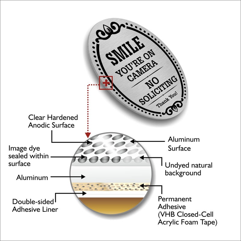 SmartSign Premium No Soliciting Smile You're On Camera Thank You Sign, 4" x 5" Aluminum Metal with Adhesive Backing/Sticker, Peel-Off or Use Pre-Punched Holes, Silver/Black, Made in USA - Image 5